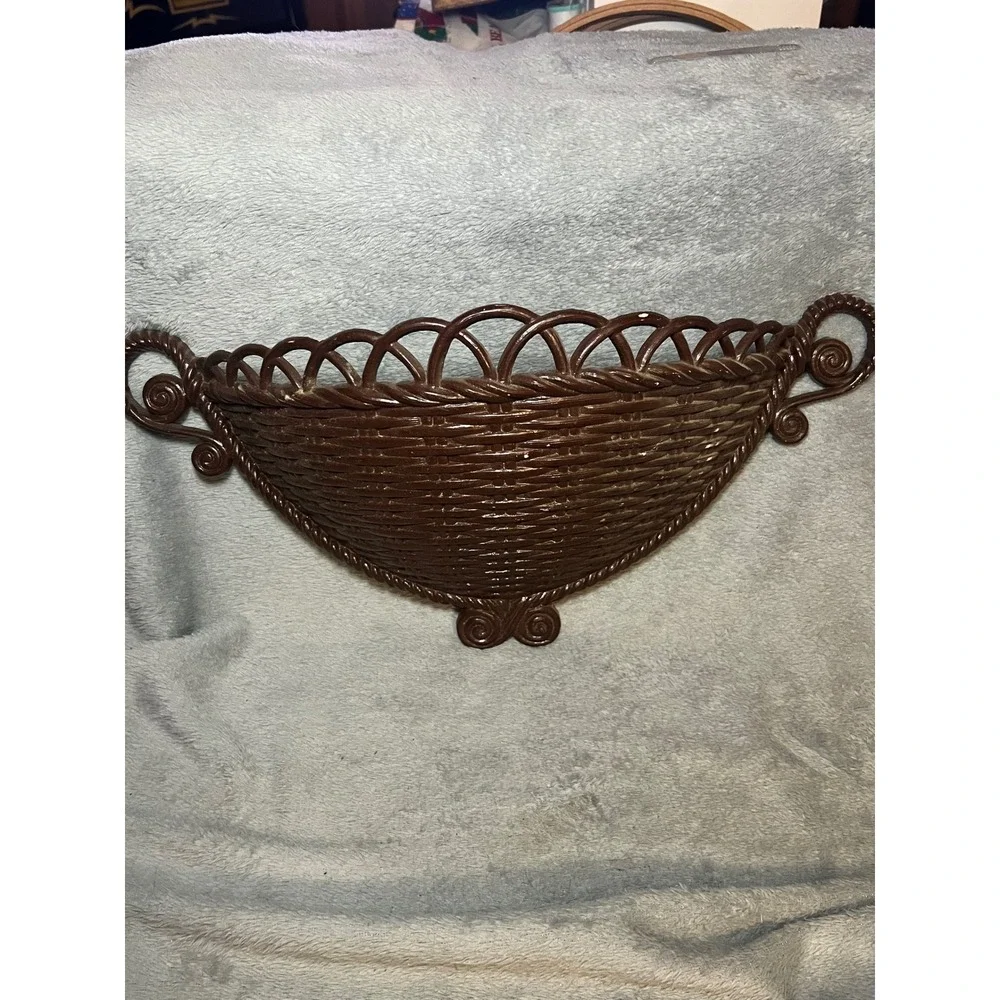 Vintage Brown Wicker Wall Pocket Shelf Faux Rattan Hanging Planter Boho Decor